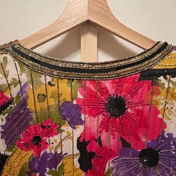 Vintage Judith Ann Creations Floral Silk Dress with Hand Sewn Sequins & Beading - Picture 7 of 13